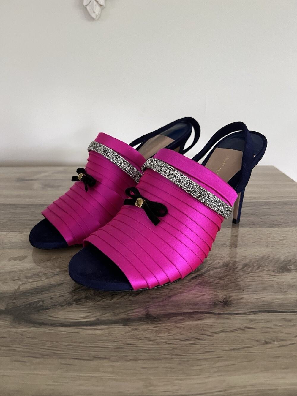 Stuart Weitzman Rumi Pink Cannes Heels with Swarovski Crystals Satin 40 Mules